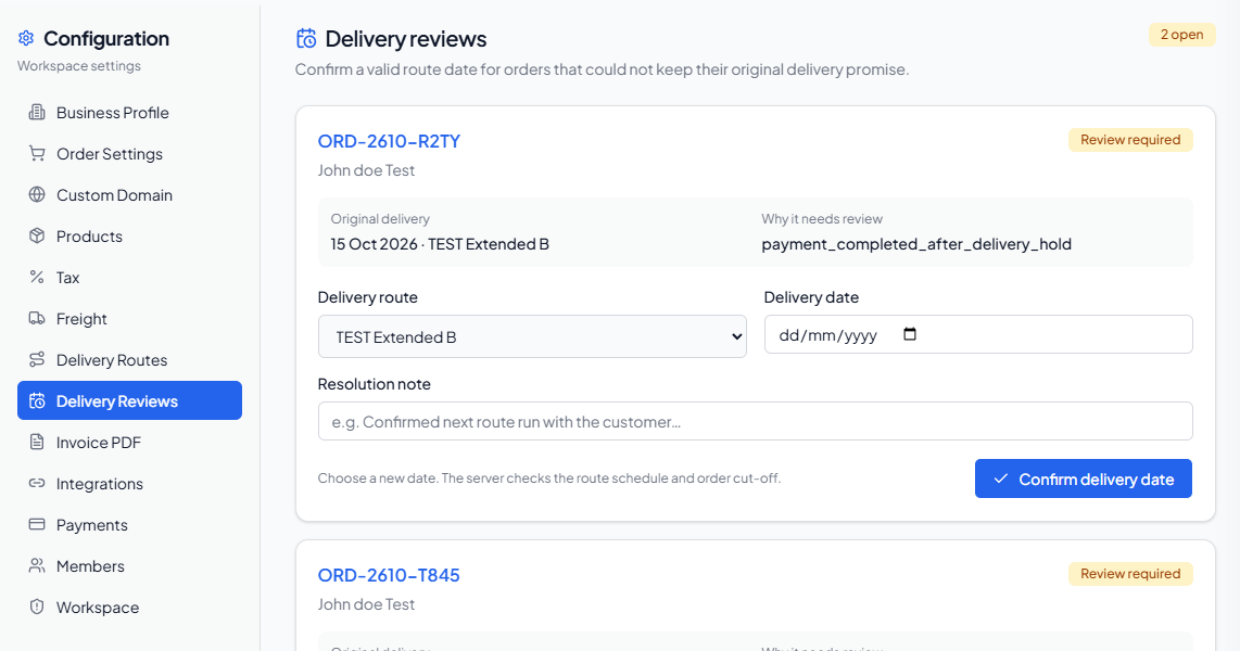 Delivery Reviews card showing the original delivery, review reason, and new date form
