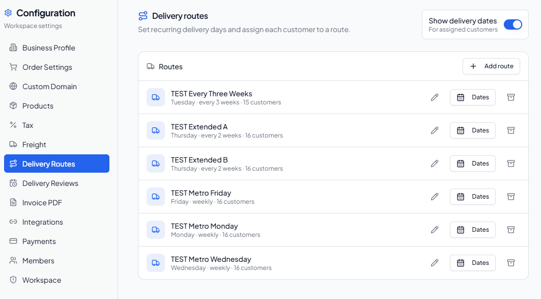 Delivery Routes settings with recurring routes and the Show delivery dates switch