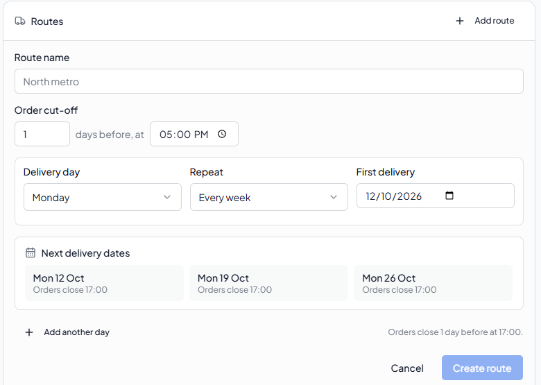 Route form with delivery day, repeat interval, first delivery date, and next delivery dates preview