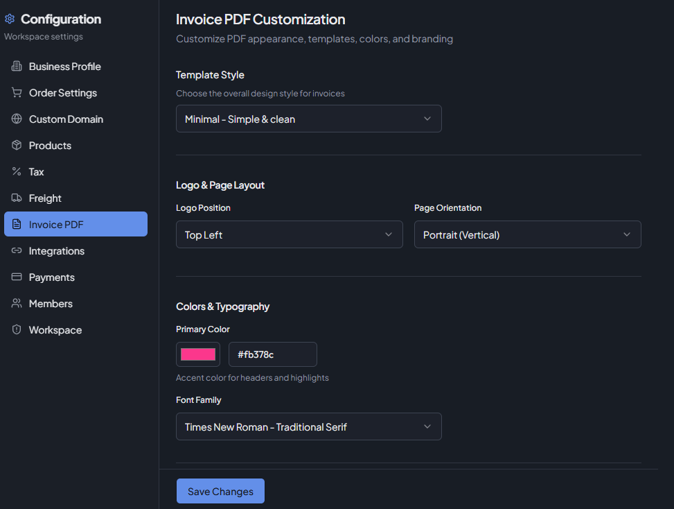 Invoice PDF settings