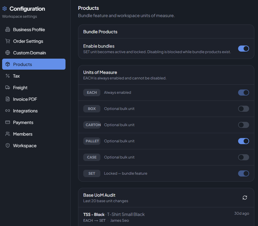 Products settings