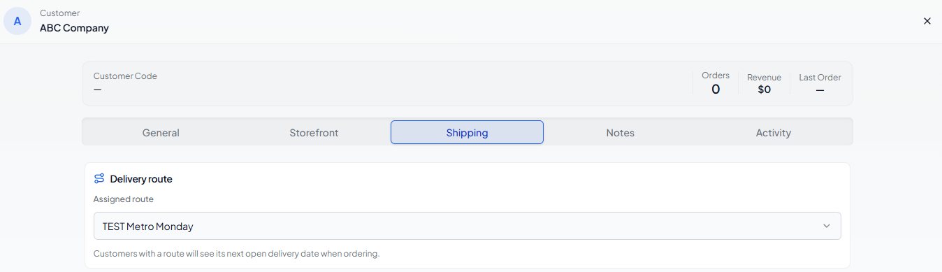 Customer Shipping tab with an assigned delivery route