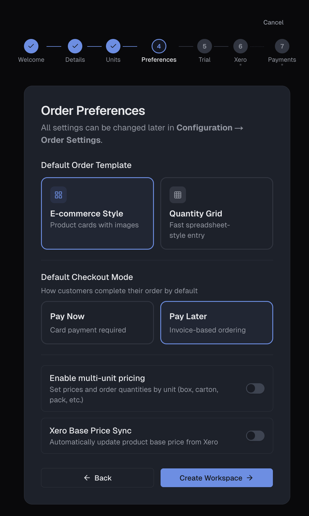 Order Preferences step
