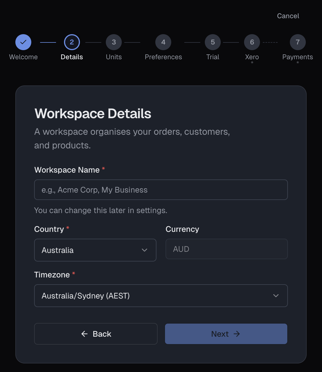 Workspace Details step
