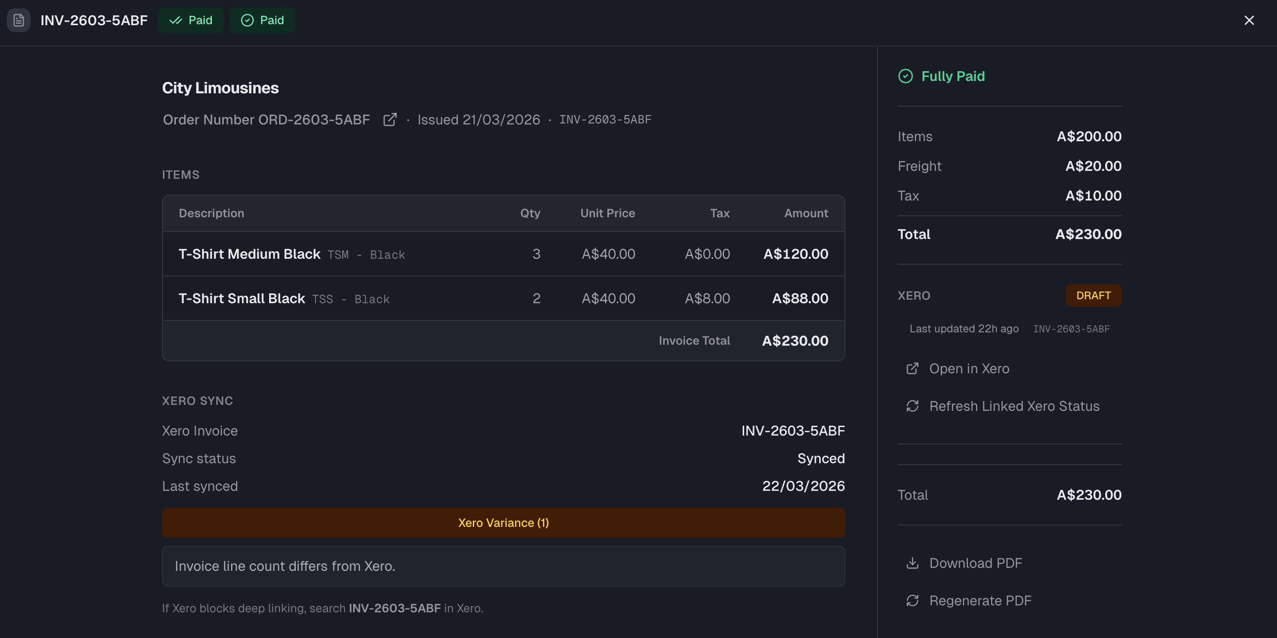 Invoice detail panel