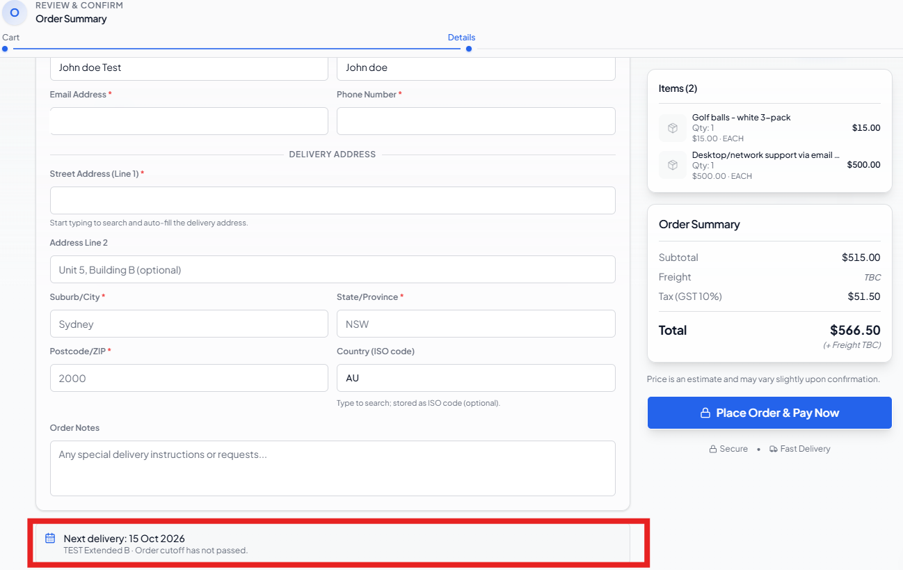Checkout order summary showing the next delivery date and assigned route