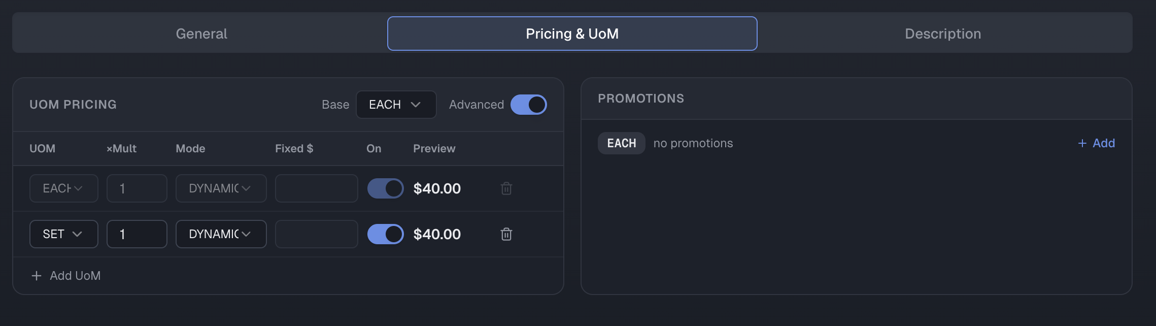 Advanced Pricing UoM grid