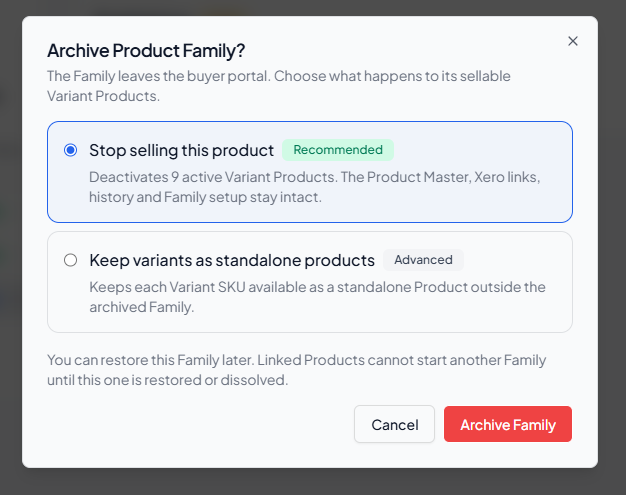 Archive Product Family confirmation with both Variant handling options