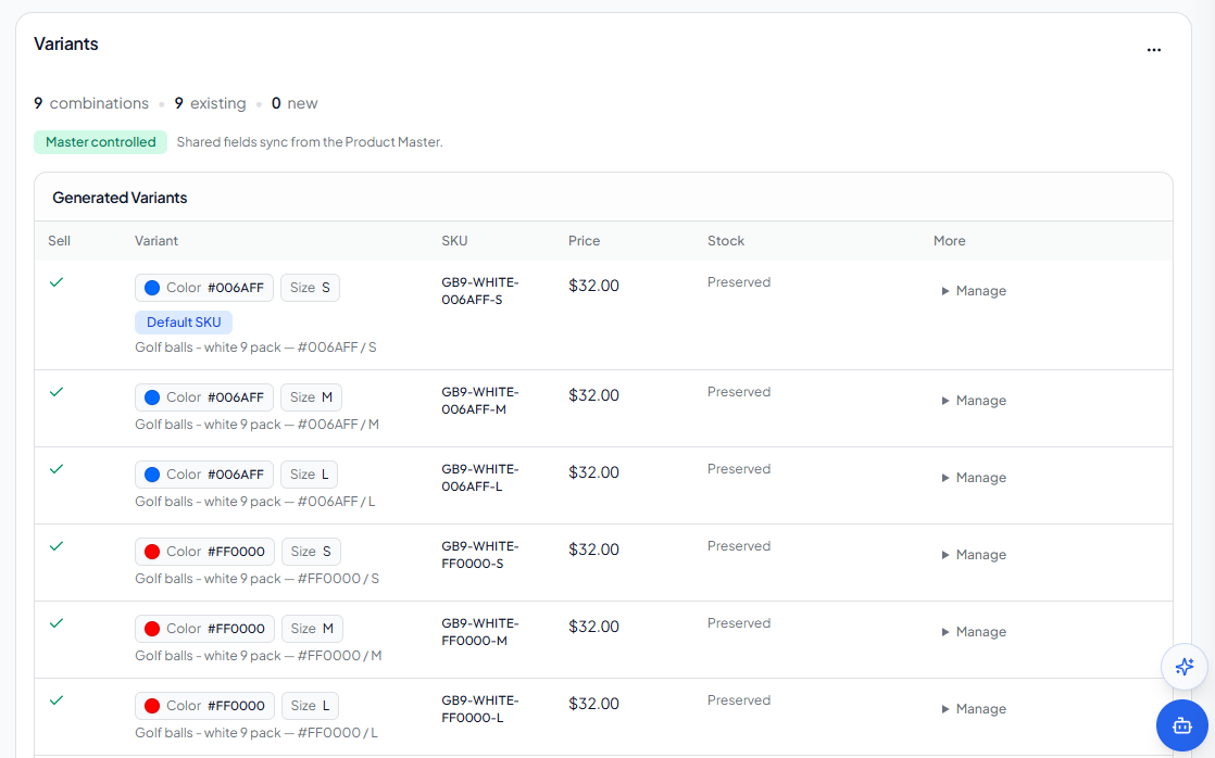 Generated Variants showing option combinations, SKU, price, stock, and Variant details