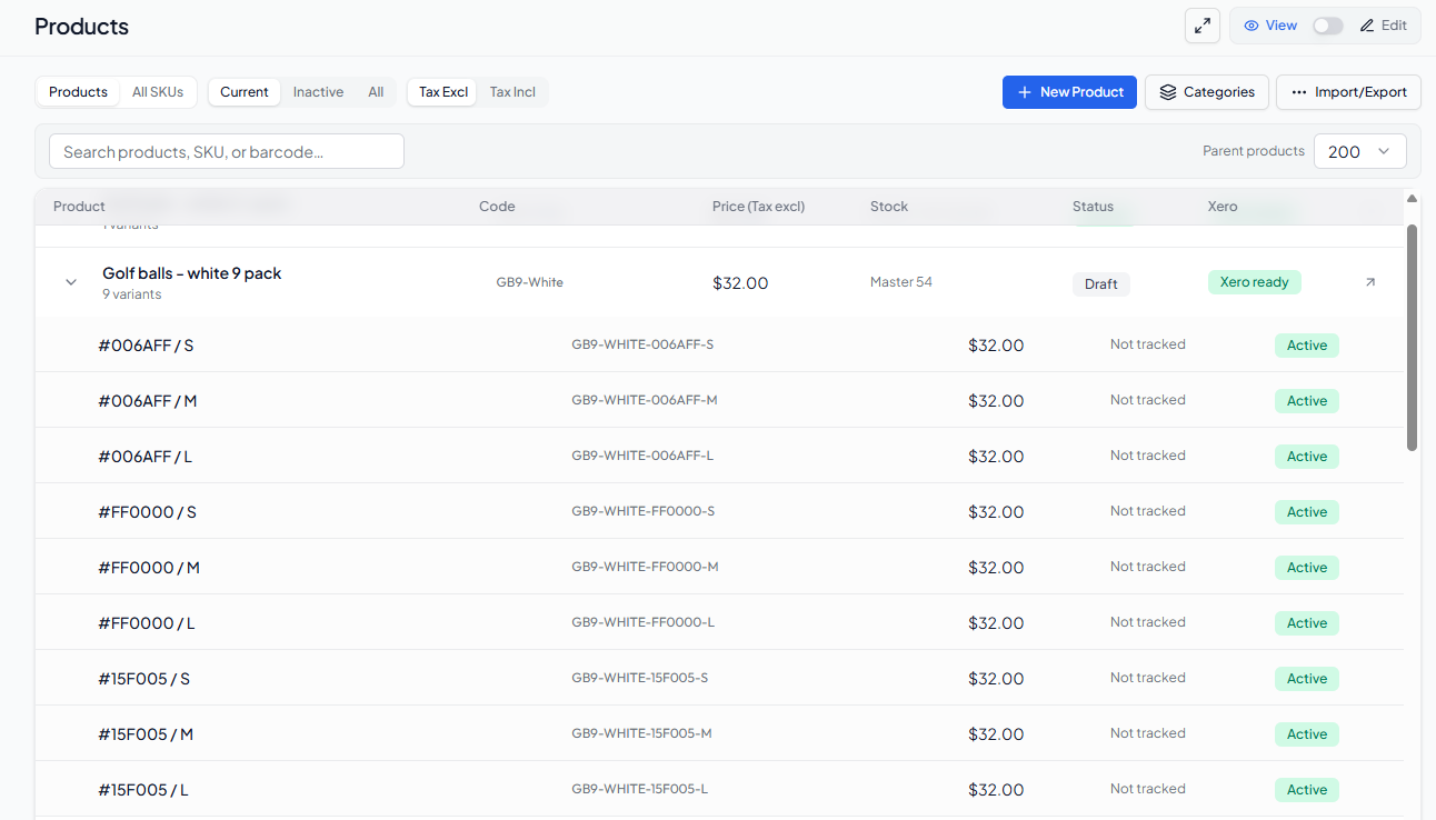 Product Family parent row expanded to show its Variant SKUs