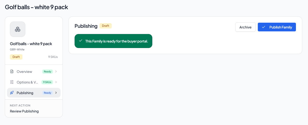 Publishing readiness message and Publish Family action