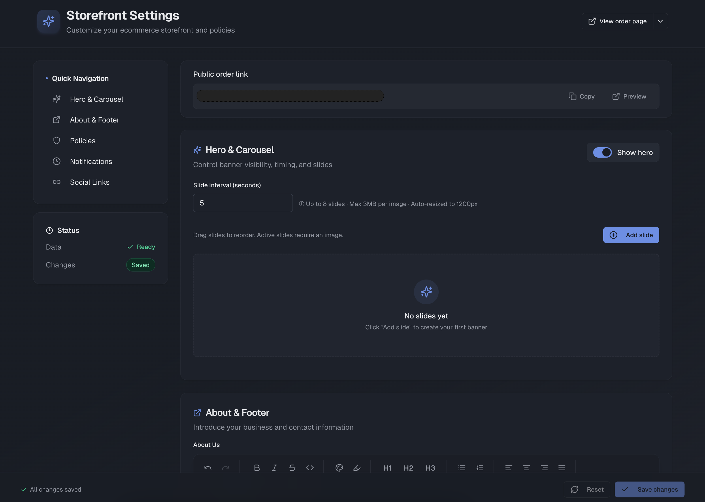 Storefront settings page